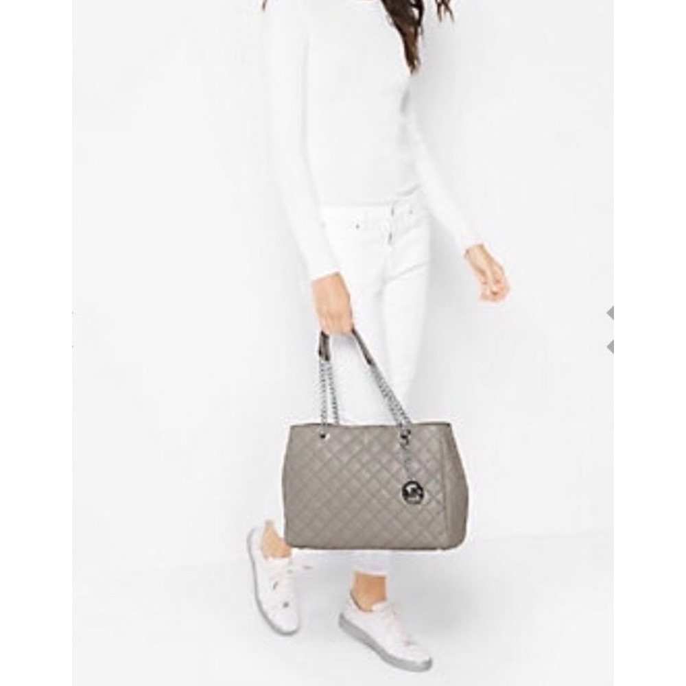 Michael Kors Susannah Quilted Leather Tote Bag Grey Silver Hardware Shoulder Bag - Picture 8 of 11